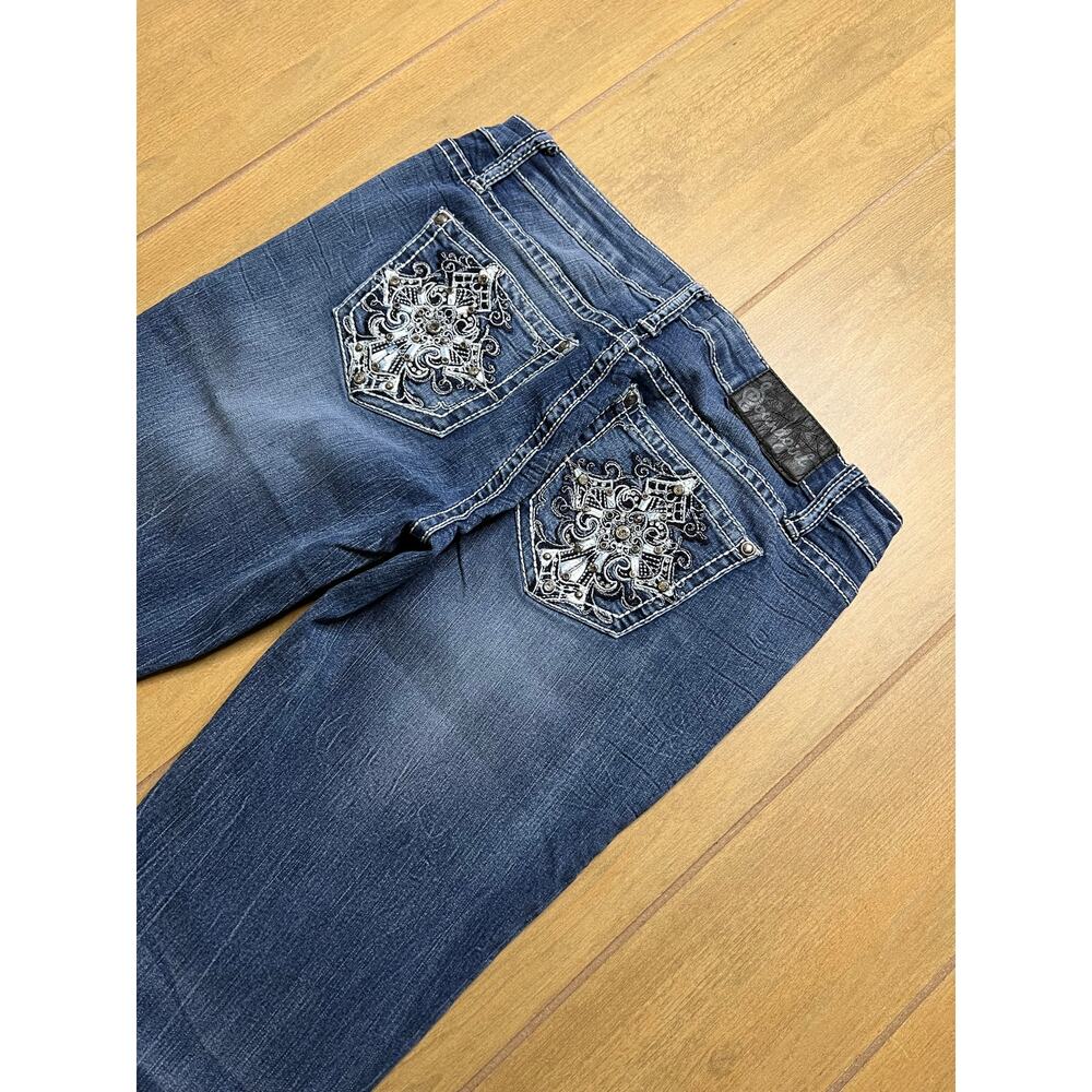 Soundgirl Y2K Rhinestone Cross Bootcut Jeans Low Rise Womens 29x30 Blue - Picture 9 of 12